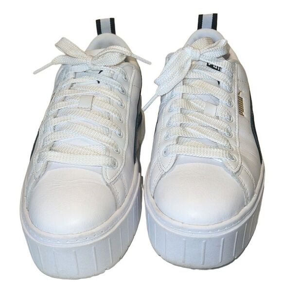 Puma Mayze White and Black Leather and Suede Lace Up Sneaker Women's Size 8.5 - Picture 1 of 10